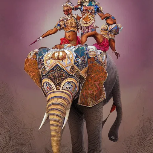 Image similar to three Zulu princesses!!! Elephants in background , intricate, elegant, highly detailed, digital painting, artstation, concept art, smooth, sharp, focus, illustration, art by artgerm and greg rutkowski and alphonse mucha