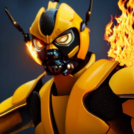 Image similar to still photo of bumblebee with fire eyes, highly detailed, photorealistic portrait, bright studio setting, studio lighting, crisp quality and light reflections, unreal engine 5 quality render