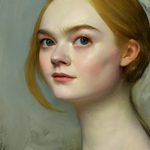 Prompt: Elle Fanning, head and shoulders portrait, extremely detailed masterpiece, by Edward Hopper and Rembrandt,