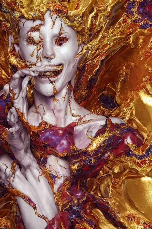 Prompt: realistic 8k digital painting of a stunning intricate cracked multicolored milky marble Evangelion Devil Queen character design Bernini Sculpture. Kintsugi. Gold lining in cracks. by Daytoner, Greg Tocchini, Yoshitaka Amano. sentient mycelium and misty xparticles. Scattered Cherry blossoms Hyperrealism. Subsurface scattering. Octane Render