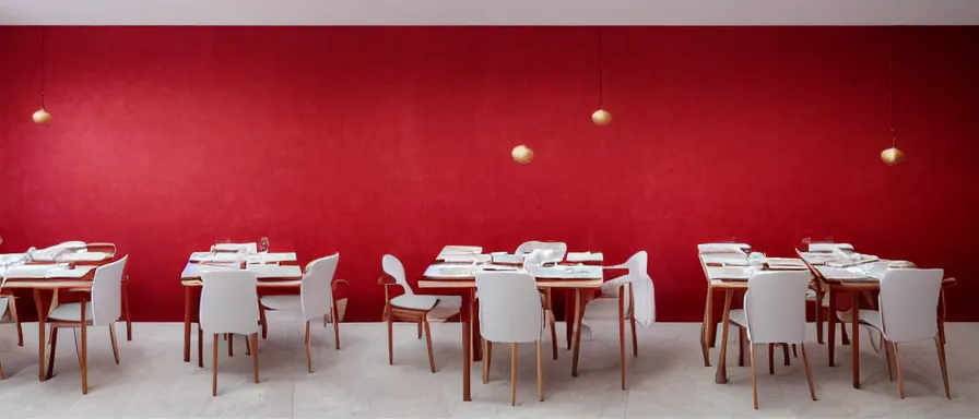 Image similar to a beautiful simple interior render of small roasted string hotpot restaurant restaurant yan'an, wall corner, from china, red paper wall and white tile floor, rectangle white porcelain table, fine simple delicate structure, chinese style, simple composition, simple style structure decoration design, victo ngai, 4 k hd