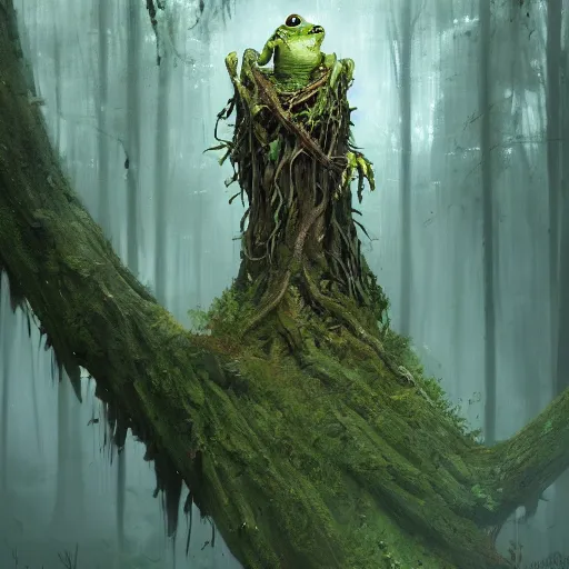 Image similar to living tree, tree has legs and eyes, in the shape of a frog, swamp, greg rutkowski, trending on art station, highly detailed, magic the gathering, matte painting