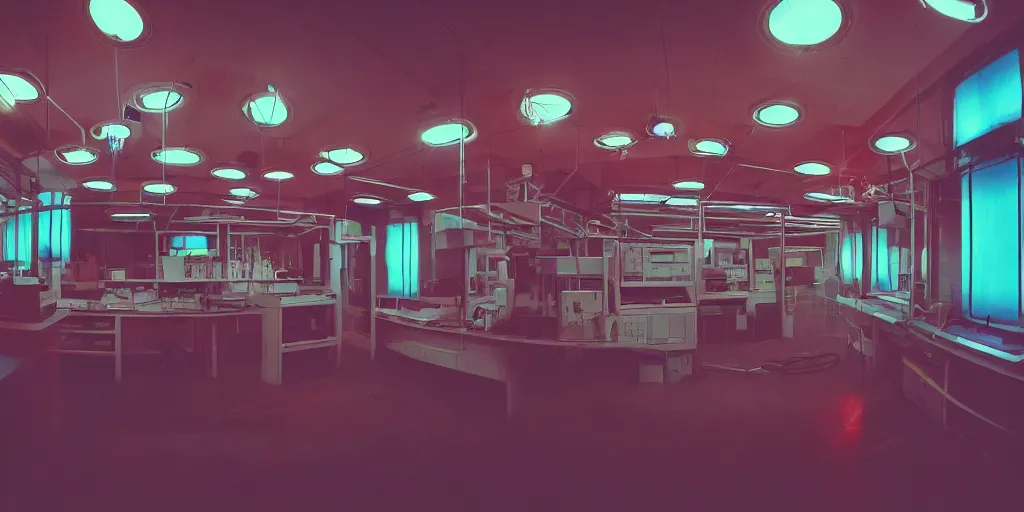 Image similar to noisy color photograph of a retrofuturist liminal space, laboratory, red lights, minimalist, cinematic, fish eye lens, soft vintage glow