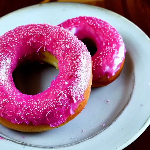 Prompt: A delicious pink donut on a plate in a log cabin