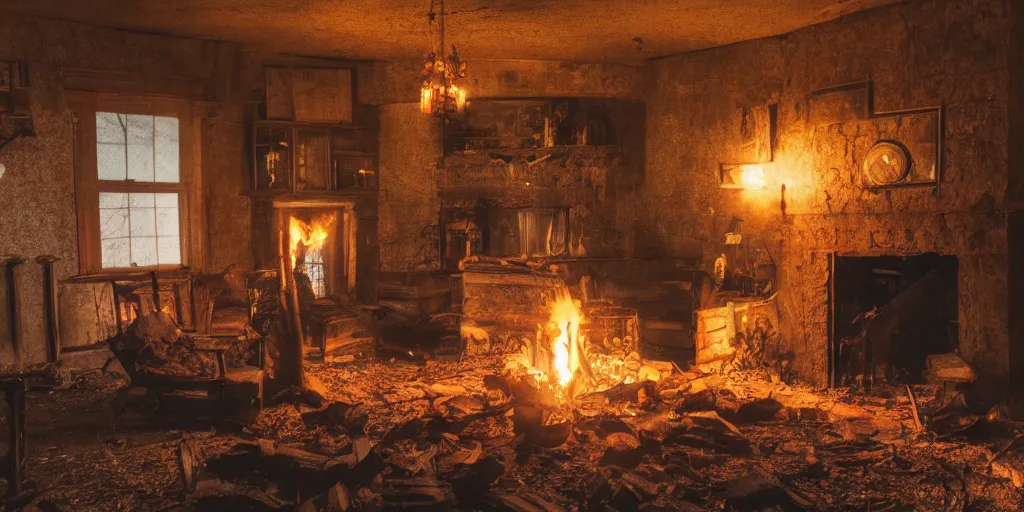 Image similar to an abandoned inn in dnd at dusk with a fire in a fireplace