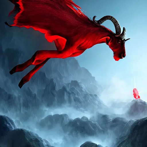 Prompt: a red goat flying through the center of the earth, digital painting, unreal engine, octane render, 4 k wallpaper, intense, intricate brush stroke detail, beautiful, gorgeous, by tite kubo, kentaro miura, no more heroes concept art