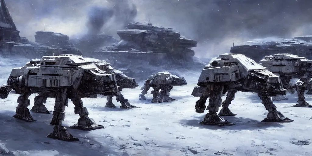 Image similar to the battle of hoth, rebel soldiers fighting enormous imperial atat walkers painted by jan matejko and greg rutkowski. oil on canvas, sharp focus, cinematic atmosphere, detailed and intricate, perfect anatomy, detailed and intricate environment and characters