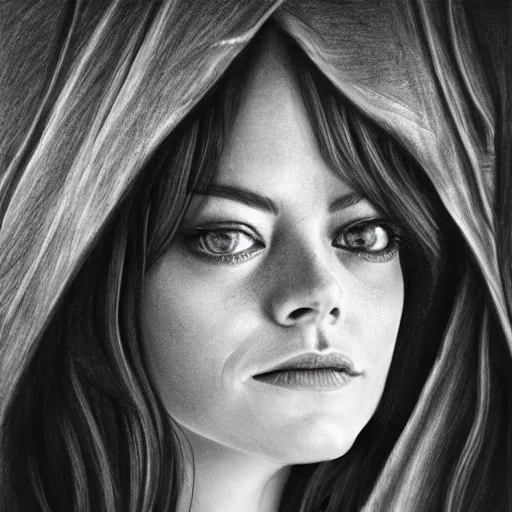 Prompt: hyper realistic pencil drawing of emma stone as an eldritch princess, cloak, fantasy, dark, stunning, detail, sharp