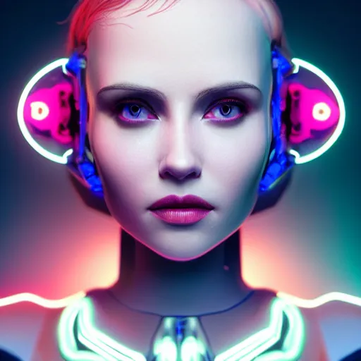 Image similar to beautiful eva elfie, scarlet johannson, chimeric organism, pale white skin, full body portrait, ex machina, highly detailed, transhumanist, thinly laced neon lights, mendelbrot fractal, trending on artstation, oppai cyberpunk, octane render, hdr, uhd 4k