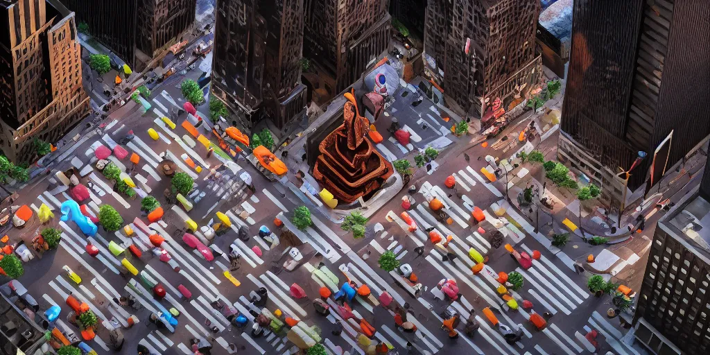 Prompt: a photograph of a giant turd sculpture in the center of a new york street, a large crowd have gathered, by Claes Oldenburg, Tilt shift, pop art, 3D render, Volumetric dynamic lighting, Highly Detailed, Cinematic Lighting, Unreal Engine, 8k, HD