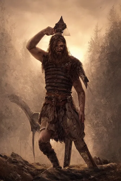 Prompt: aesthetic digital illustration of a wounded viking warrior on his knees by anne stokes, greg rutkowski, and brian belledin | dirty and bloody, concept art, character concept, matte background, golden ratio, rule of thirds, golden hour lighting, unreal engine, finalrender, centered, deviantart, artgerm