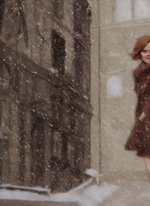 Image similar to back of emma stone in beige coat, walking into new york apartment building entrance in winter, close up of apartment entrance, snow, artwork by gaston bussiere, craig mullins, trending on artstation