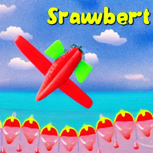 Prompt: strawberry plane, making looping und the ocean