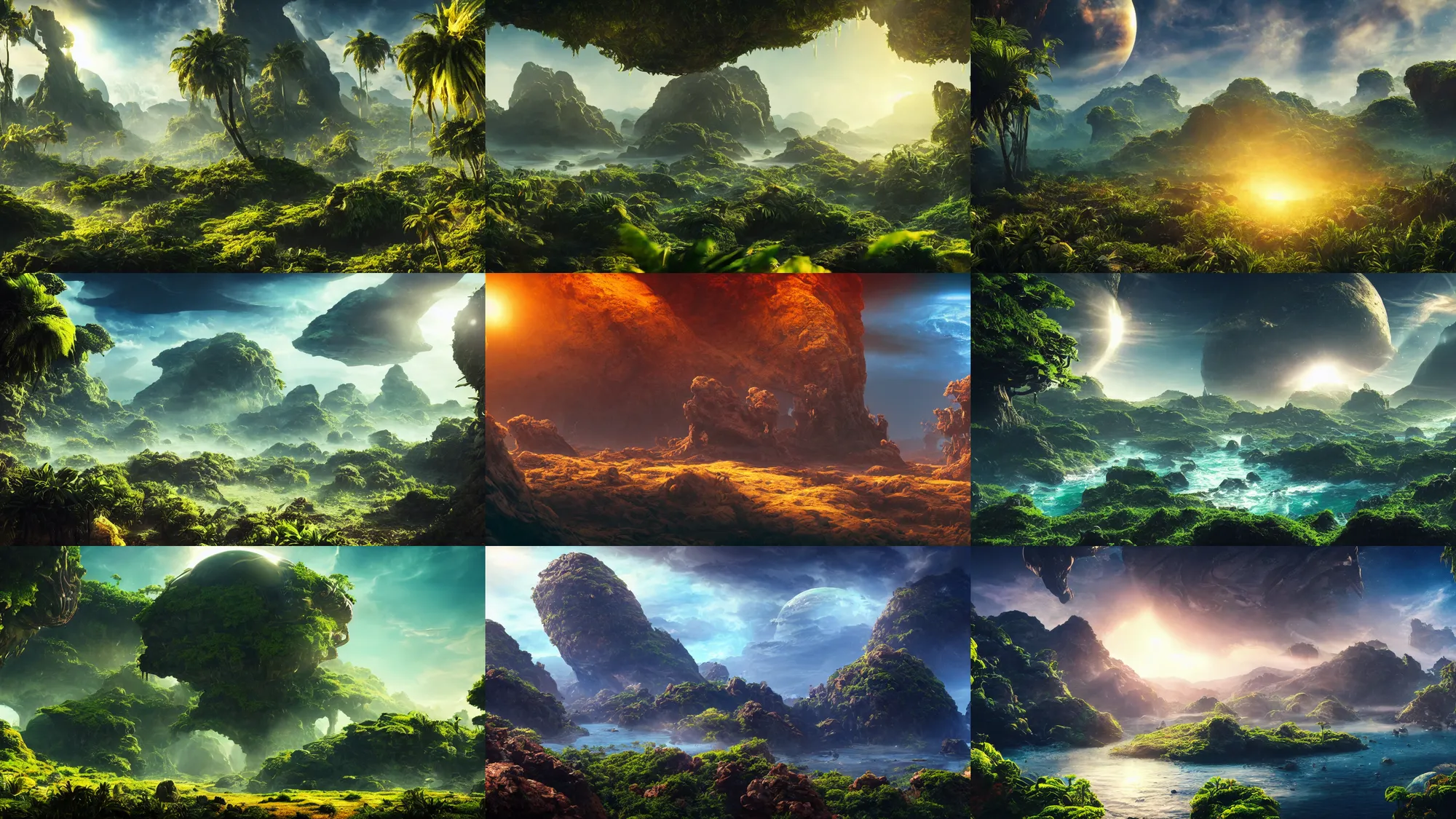 Prompt: a landscape of an alien planet, sunny day, environment, cinematic composition, cinematic lighting, photo realistic, ultra detailed, magnificent, 4 k, 8 k, foundation, jungle, ocean