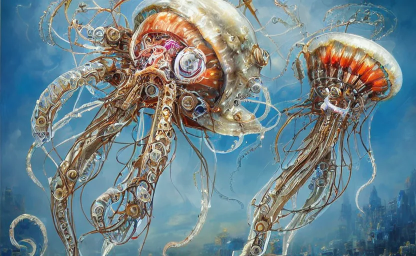 Image similar to Cyborg biomechanical jellyfish city. By Konstantin Razumov, highly detailded