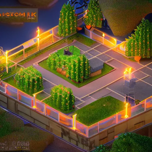 Image similar to isometric game art outdoor world, lights with bloom, trending on artstation, mohamed chahin style, vray render with ambient lights and volume 4 k