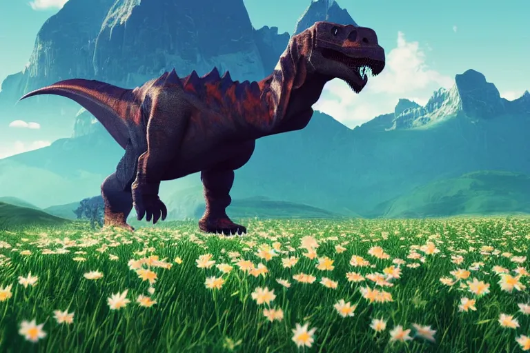 Prompt: lowpoly ps 1 playstation 1 9 9 9 glowing tyrannosaurus standing in a field of daisies, swiss alps in the distance digital illustration by ruan jia on artstation