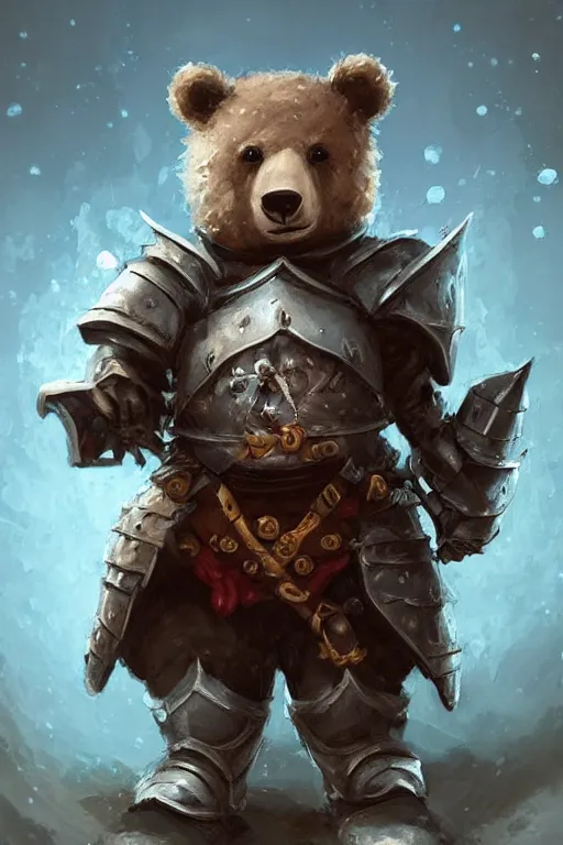 Image similar to cute little anthropomorphic bear knight wearing a cape and a crown, tiny, small, miniature bear, baby animal, short, pale blue armor, cute and adorable, pretty, beautiful, DnD character art portrait, matte fantasy painting, DeviantArt Artstation, by Jason Felix by Steve Argyle by Tyler Jacobson by Peter Mohrbacher, cinematic lighting