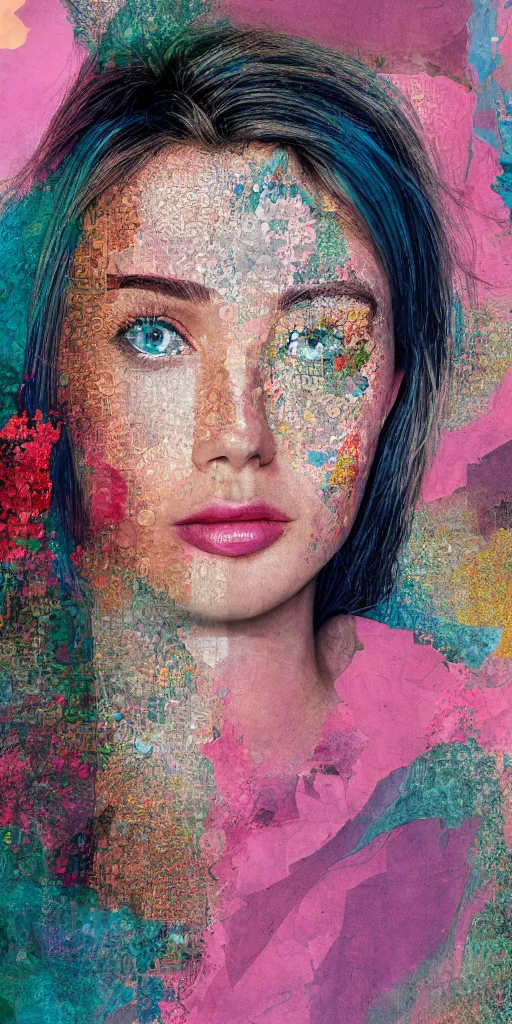 Image similar to hyperdetailed half-lenght matte illustration of a woman. matte mixed media paper collage in soft shiny pastel tones. maximalist fabric textures. matte background. HD high res HDR 8x