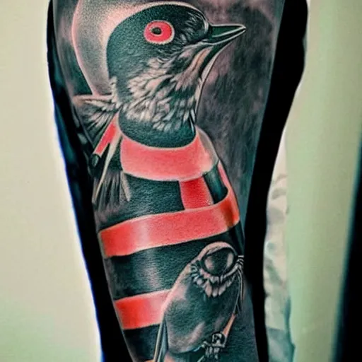 Prompt: tatoo ink cyber, a swallow with a black beard wearing an athletic bilbao shirt, high detailed