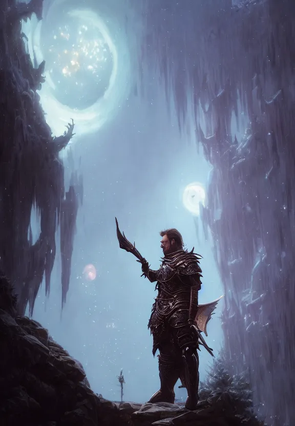 Image similar to highly detailed medium shot portrait of steve buscemi as a fantasy knight surrounded by magic, in skyrim, stephen bliss, unreal engine, fantasy art by greg rutkowski, loish, rhads, ferdinand knab, makoto shinkai and lois van baarle, ilya kuvshinov, rossdraws, tom bagshaw, global illumination, radiant light, detailed and intricate environment