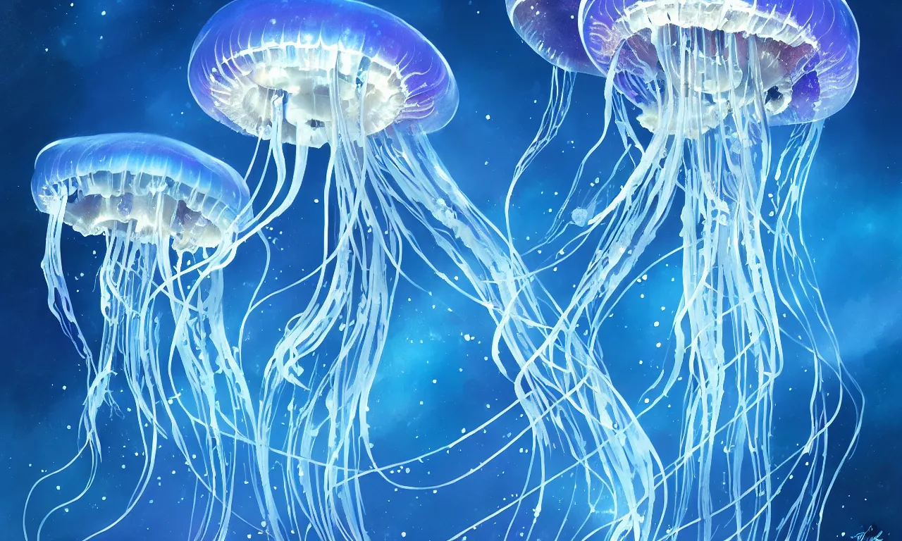 Image similar to detailed jellyfish in space, blue tones, underwater, full frame, highly detailed, digital painting, artstation, concept art, smooth, sharp focus, illustration, art greg rutkowski and alphonse mucha