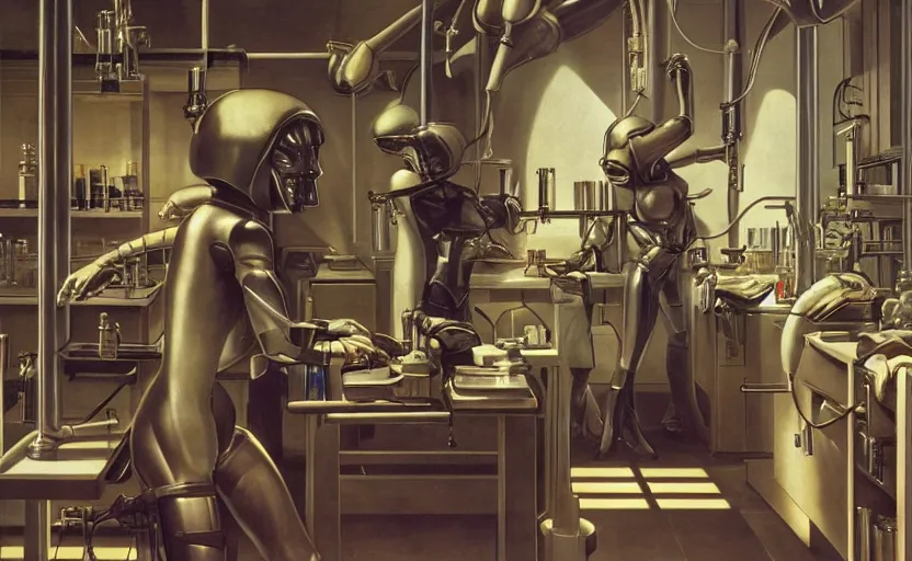 Prompt: laboratory. by rembrant, battle angel alita, ralph mcquarrie, aluminum, 1 6 6 7