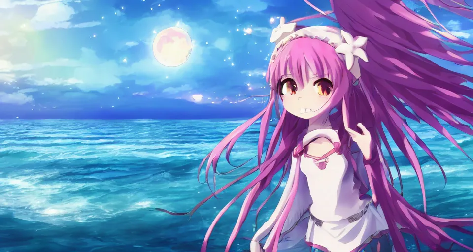 Image similar to one anime girl based on Puella Magi Madoka Magica on a pier with the ocean as background at twilight, her blue eyes are looking at the camera, cute, big moon above the water, colorful, magical, detailed face, 8k