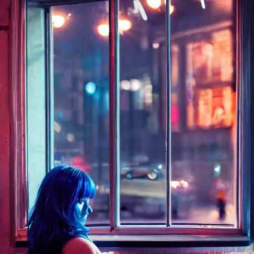 Prompt: beautiful over the shoulder photograph of a woman with dark-blue hair sitting in a cafe next to a window on a rainy night, outside are neon lights from a busy city, award winninh photo, artstation, atmospheric, high detail