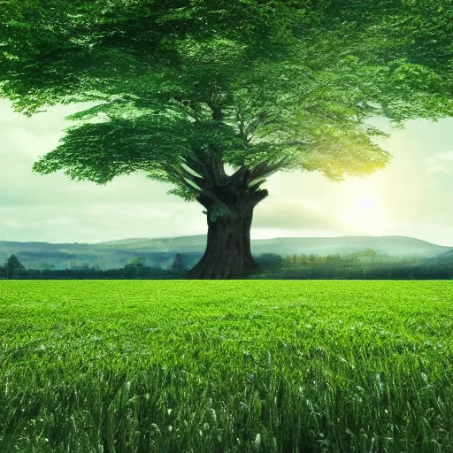 Image similar to three white whales flying near giant tree in the green field, realistic, HD,