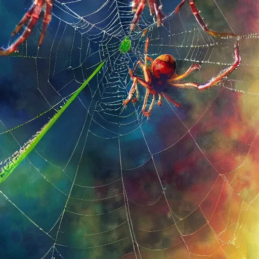 Prompt: spider on a rainbow colored web, 8 k octane beautifully detailed render, post - processing, extremely hyper - detailed, intricate, epic composition, cinematic lighting, masterpiece, trending on artstation, masterpiece, stunning art by anders zorn, wonderful masterpiece by greg rutkowski, beautiful cinematic,