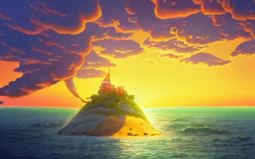 Image similar to an island with a giant castle on top of a giant turtle in the ocean, sunset, art by hayao miyazaki, studio ghibli film, hi res, 4k, high detail