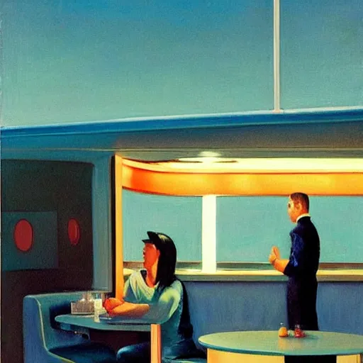 Image similar to two astronauts sitting in the corner booth at a greasy diner on the moon, edward hopper painting, iconic, stunning light