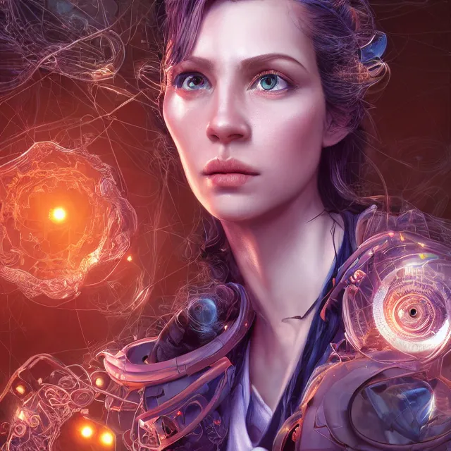 Prompt: the photorealistic portrait of chaotic good female scientist, absurdly beautiful, gorgeous, elegant, an ultrafine hyperdetailed illustration by irakli nadar, loish, intricate linework, bright colors, final fantasy, unreal engine 5 highly rendered, global illumination, radiant light, vibrant and detailed dreamlike environment