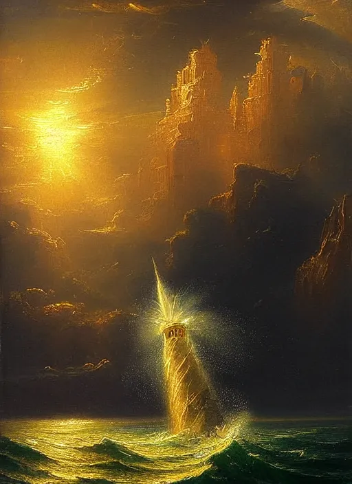 Image similar to a delicate sparkling gold fantasy tower splashes upwards from a turbulent ocean, dramatic lighting, rich colors, sunlight shimmering off the tower and the water and the spray, beautiful painting by Thomas Cole