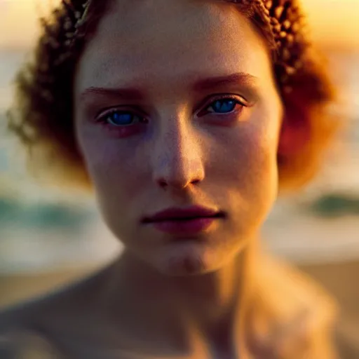 Prompt: photographic portrait of a stunningly beautiful english renaissance female on a beach in the hebrides in soft dreamy light at sunset, soft focus, contemporary fashion shoot, hasselblad nikon, in a denis villeneuve movie, by edward robert hughes, annie leibovitz and steve mccurry, david lazar, jimmy nelsson, hyperrealistic, perfect face