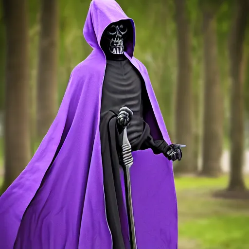 Image similar to grim reaper, purple cloak, full body