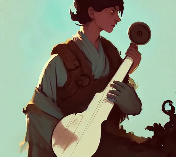 Prompt: portrait a bard with a lute sitting under the tree dnd character by atey ghailan, by greg rutkowski, by greg tocchini, by james gilleard, by joe fenton, by kaethe butcher, dynamic lighting, gradient light blue, brown, blonde cream and white color scheme, grunge aesthetic