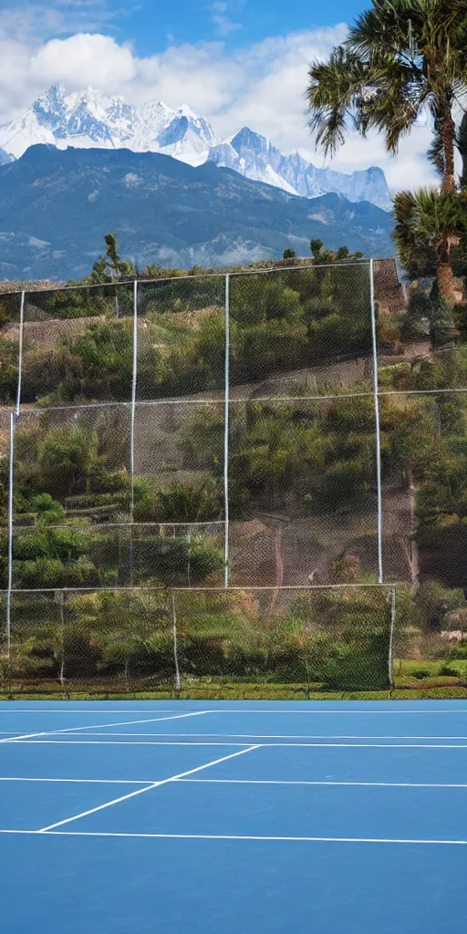 Image similar to The tennis court of the seaside resort, with a mountain background, taken by a professional photographer.