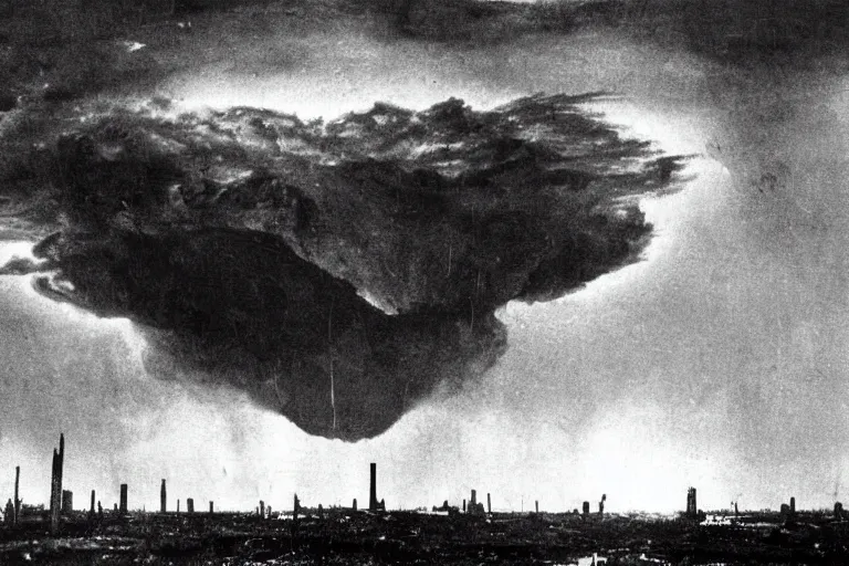 Image similar to nuclear explosion in a destroyed city during a thunderstorm, pictorialism, desolate