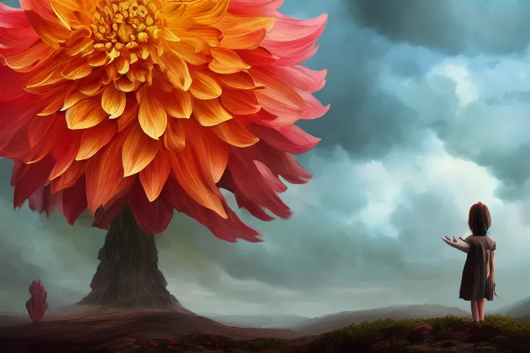 Image similar to closeup giant dahlia flower as head, girl standing on mountain, surreal photography, blue storm clouds, dramatic light, impressionist painting, digital painting, artstation, simon stalenhag