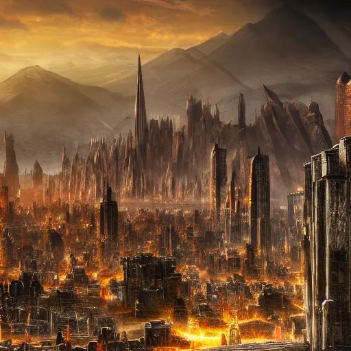 Image similar to mordor as a bustling city, highly detailed, sharp focus, skyline, vast, 4 k, fantasy