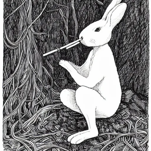 Image similar to precisely drawn, fine detailed, intense line work, drawing of a white bunny smoking a big cigarette in the deep tangled forest, by edward gorey, 3 d isotmetric, black ink on white paper