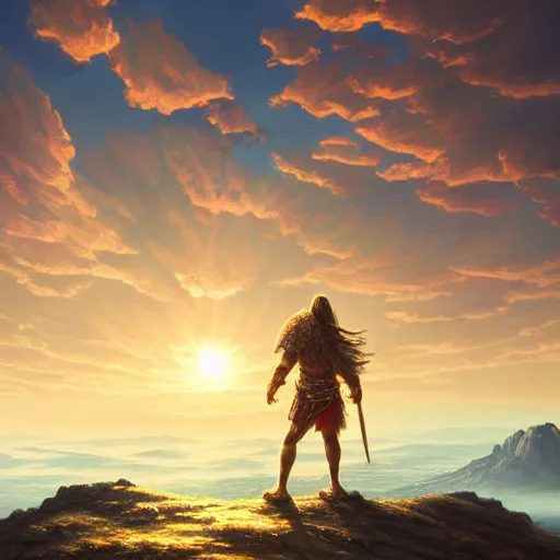 Image similar to a beautiful ultradetailed painting of a colossus giant warrior walking through the edge of the world, golden hour, Albert Bierdstat, Makoto Shinkai, 4k, trending on artstation,Aerial Photography, Ultrawide Lens
