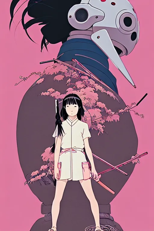 Prompt: Artwork by James Jean, Phil noto and studio ghibli ; (1) a young Japanese future samurai police lady named Yoshimi battles an (1) enormous evil natured carnivorous pink robot on the streets of Tokyo; Japanese shops and neon signage; crowds of people running; Art work by Phil noto and James Jean