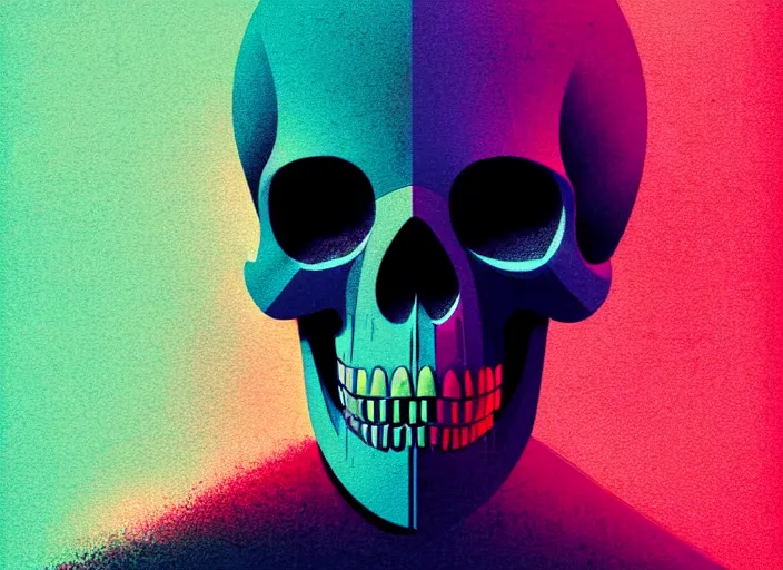 Prompt: portrait of skull character, colorful, modern art deco, mads berg, karolis strautniekas, christopher balaskas, stippled light, fog, moody, fine texture, editorial illustration, dramatic lighting, dynamic composition, detailed, matte print, dynamic perspective, muted color