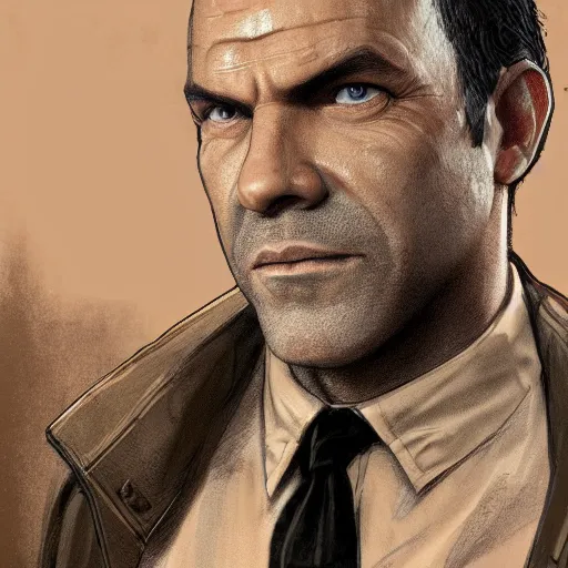 Image similar to a well designed portrait of trevor from gta v, detailed, realistic, sketch style, artstation, greg rutkowski, 8 k resolution.