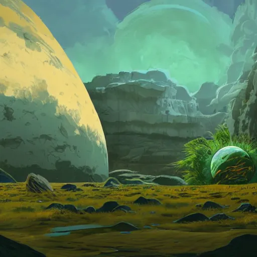 Image similar to concept art painting of prehistoric alien planet life, detailed, cel shaded, in the style of makoto shinkai and moebius and james gurney