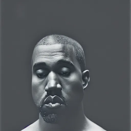 Image similar to a ( ( ( ( ( ( ( ( ( ( ( ( chiaroscuro lighting portrait ) ) ) ) ) ) ) ) ) ) ) of kanye west dressed as rick owens, black background, portrait by julia margaret cameron, shallow depth of field, 8 0 mm, f 1. 8