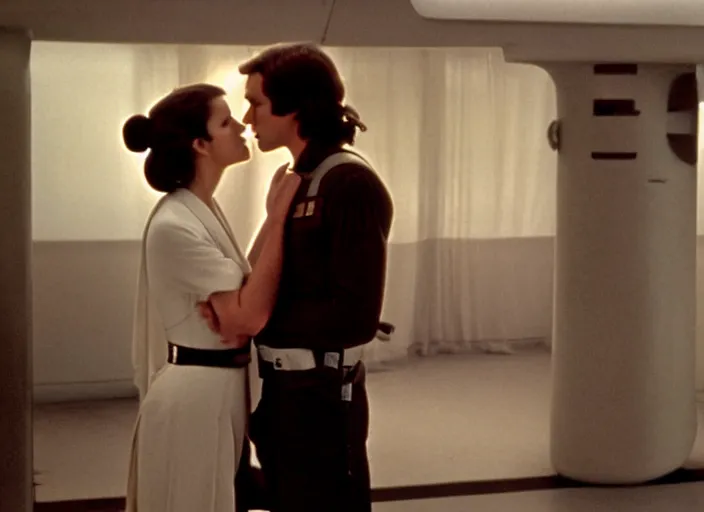 Image similar to screenshot of Han Solo kissing Princess Leia Organa, alone, pensive, iconic scene from 1970s Star Wars film directed by Stanley Kubrick, in a sci fi nursing home architecture, last jedi, 4k HD, cinematic still frame, photoreal, beautiful portraits, moody lighting, stunning cinematography, anamorphic lenses, kodak color film stock